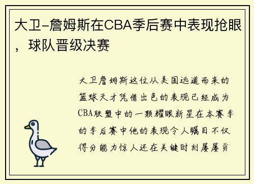 大卫-詹姆斯在CBA季后赛中表现抢眼，球队晋级决赛