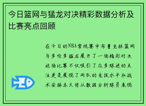 今日篮网与猛龙对决精彩数据分析及比赛亮点回顾