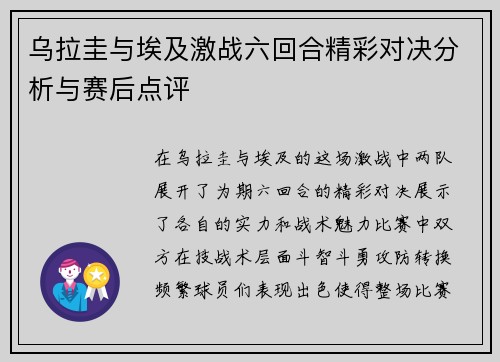 乌拉圭与埃及激战六回合精彩对决分析与赛后点评