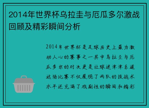 2014年世界杯乌拉圭与厄瓜多尔激战回顾及精彩瞬间分析